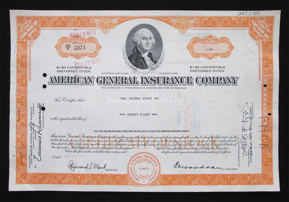 American General Insurance Company 28 els�bbs�gi r�szv�ny 1971 / biztos�t�s